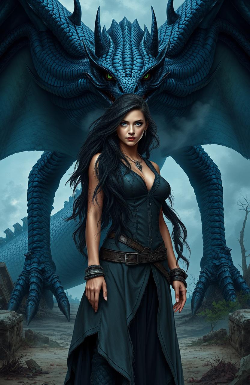 A captivating scene from a post-apocalyptic fantasy novel featuring a woman with long, dark, wild locks and striking blue-green eyes