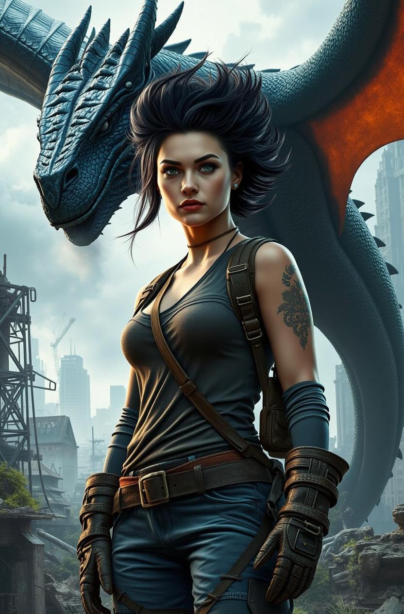 A post-apocalyptic scene featuring an imposing dark blue dragon with intricate scales and powerful wings partially visible behind a fierce-looking woman
