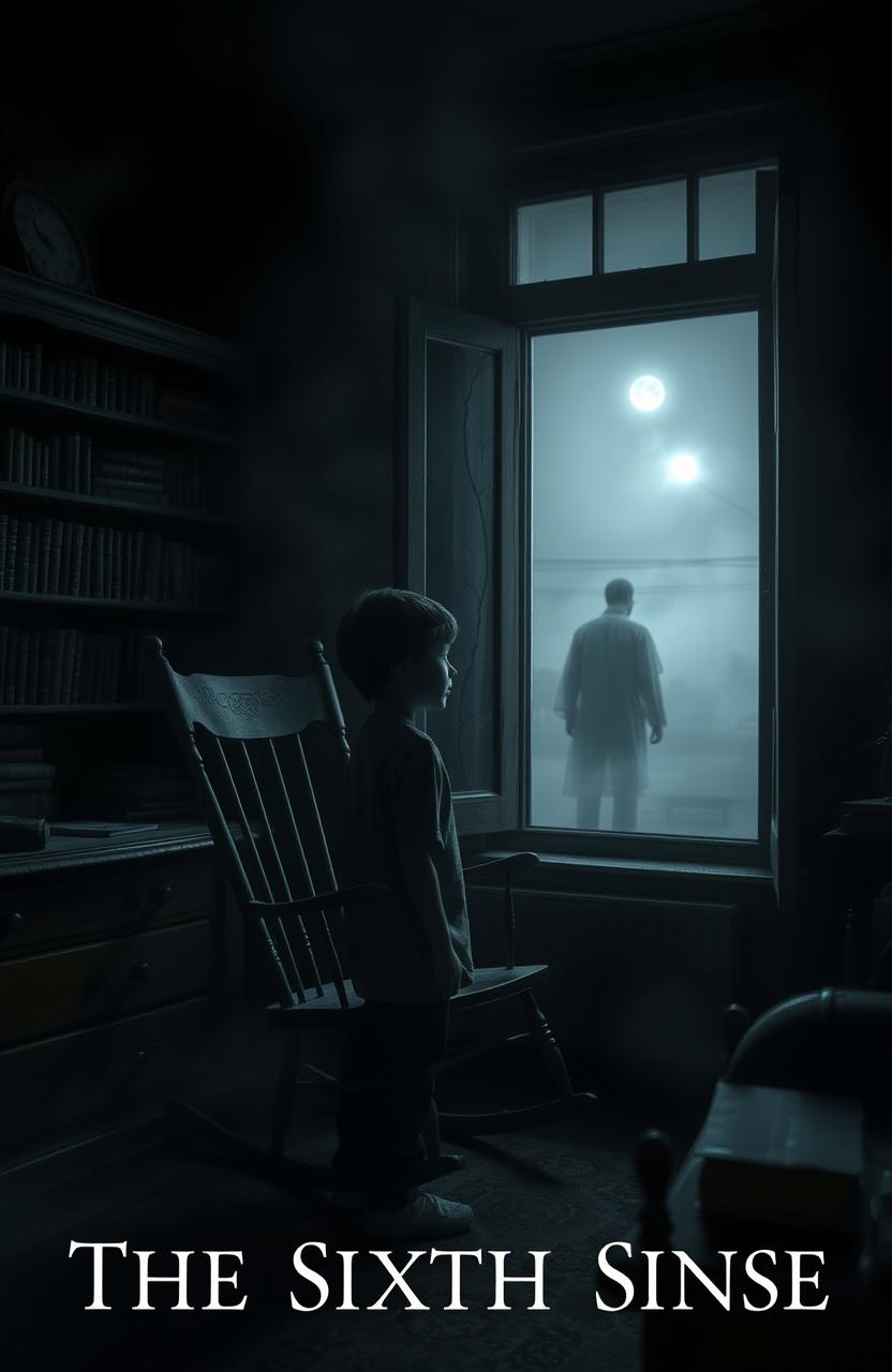 A hauntingly atmospheric scene inspired by the film 'The Sixth Sense', featuring a dimly lit room filled with eerie shadows