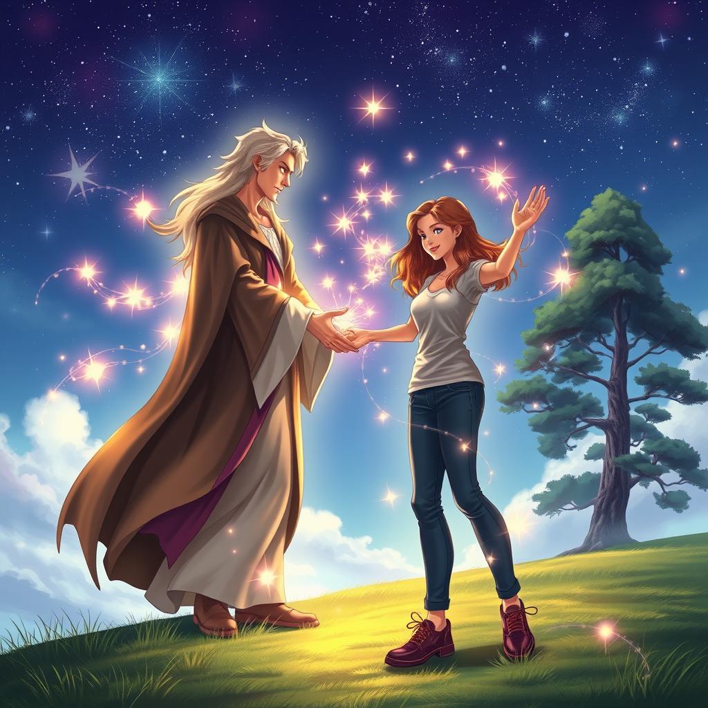 A beautiful scene depicting two individuals with a strong magical bond, standing on a serene hillside under a starlit sky