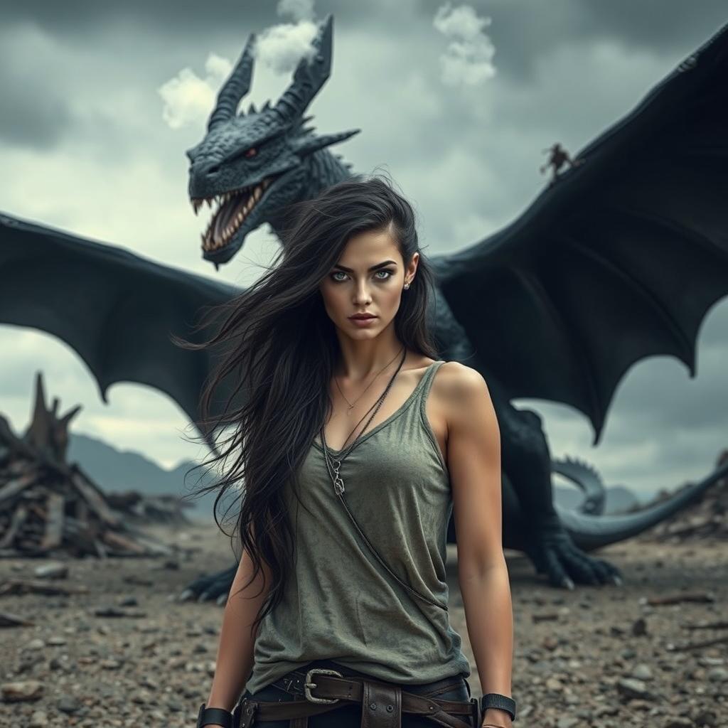 A fierce woman with long, dark, wild hair and striking blue-green eyes stands confidently in a post-apocalyptic landscape