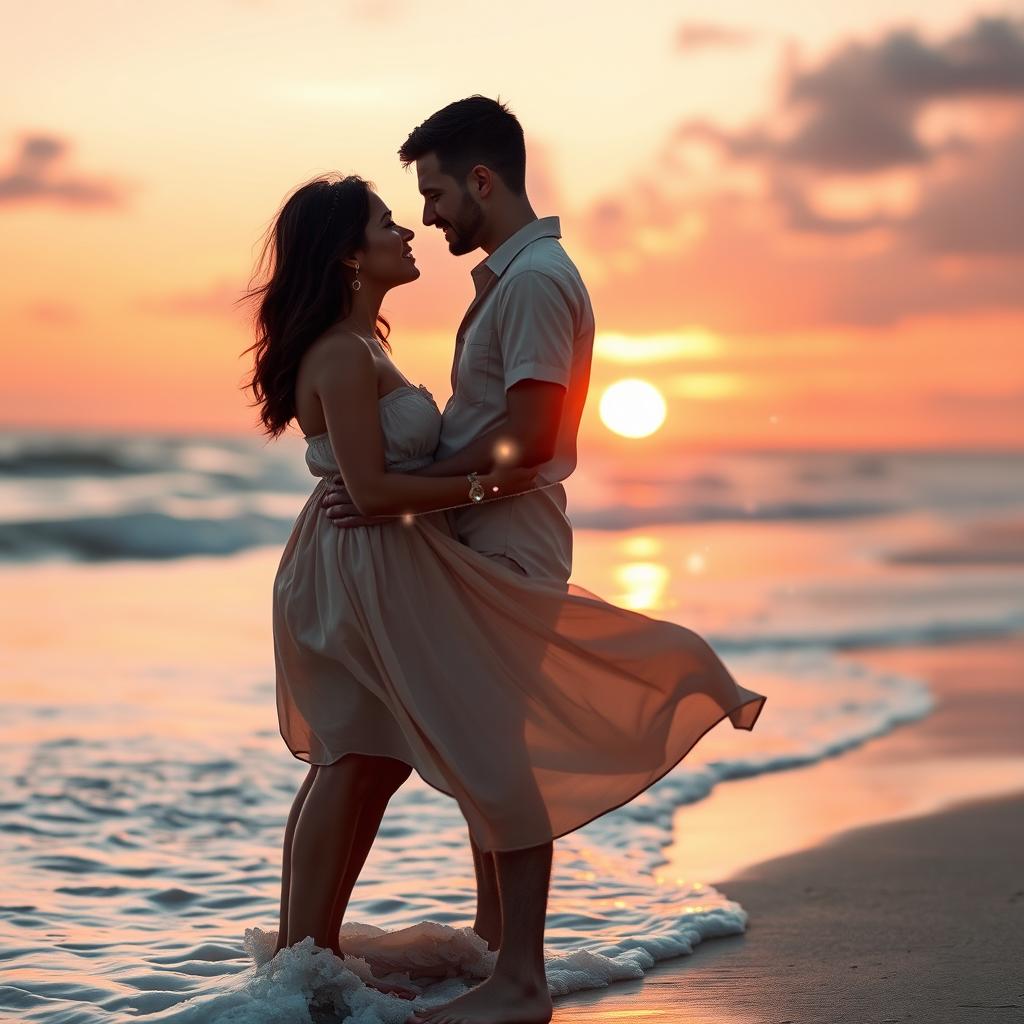 A romantic scene depicting two lovers deeply connected, standing together on a picturesque beach during sunset