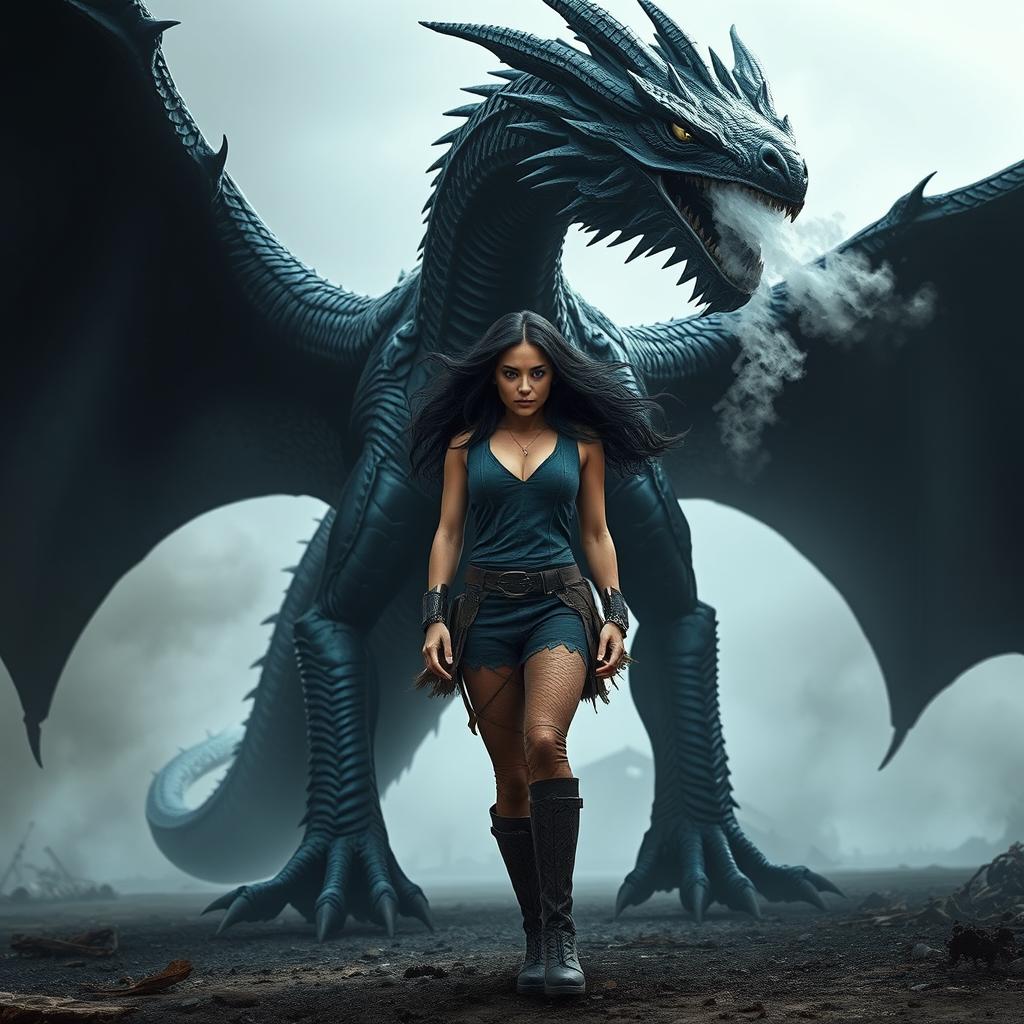 In a post-apocalyptic fantasy setting, a fierce woman stands confidently, her dark, wild locks flowing around her shoulders