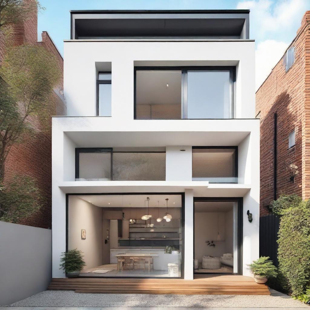 A chic two-storey house, void of a balcony, with four evenly sized windows neatly aligned on the first floor and a simplistic flat terrace.