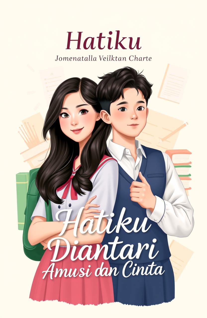 A beautifully designed book cover for 'Hatiku Diantara Ambisi dan Cinta', featuring a high school girl and a high school boy