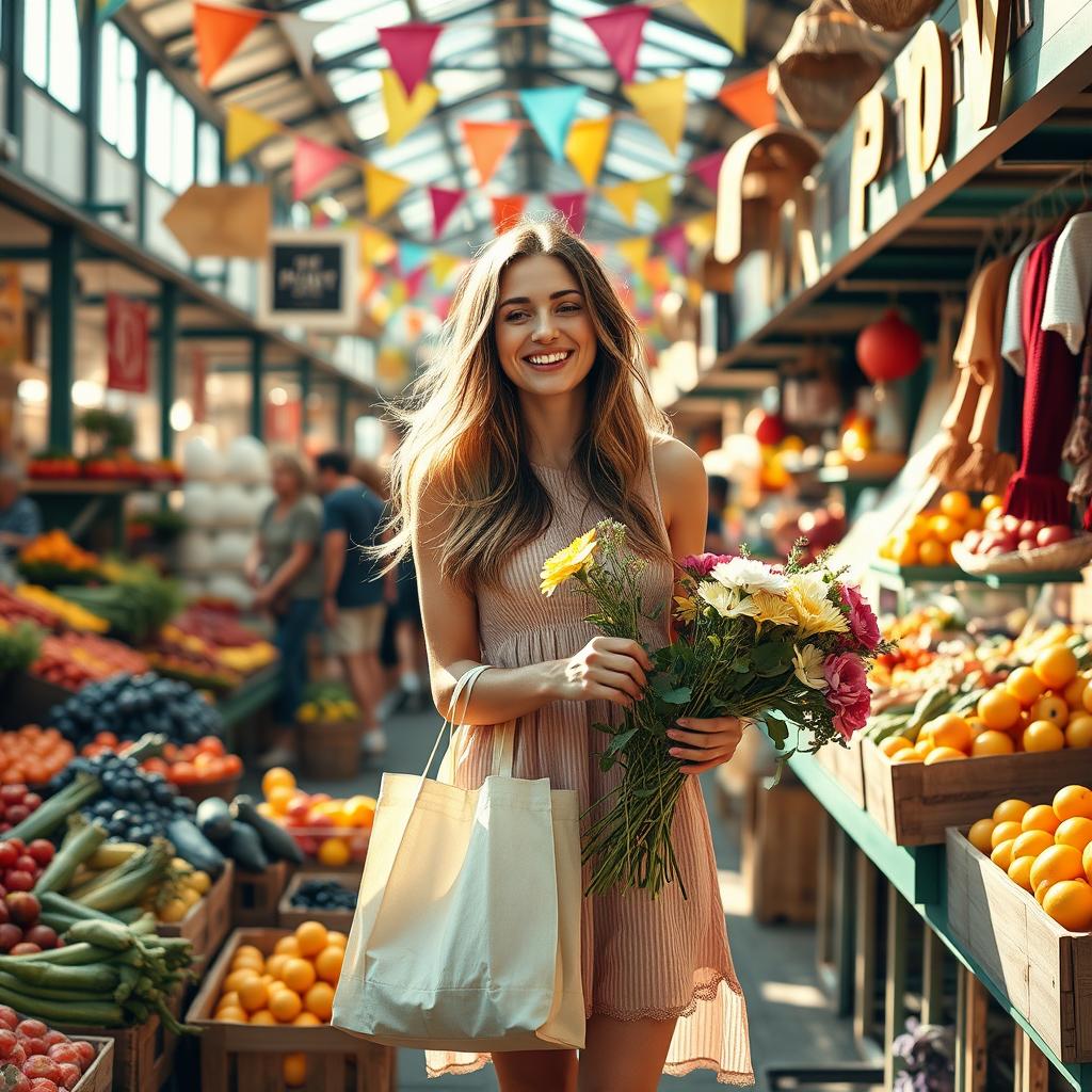 A young woman in her early 20s joyfully shopping at a vibrant market, surrounded by colorful stalls filled with fresh fruits, vegetables, and handmade crafts