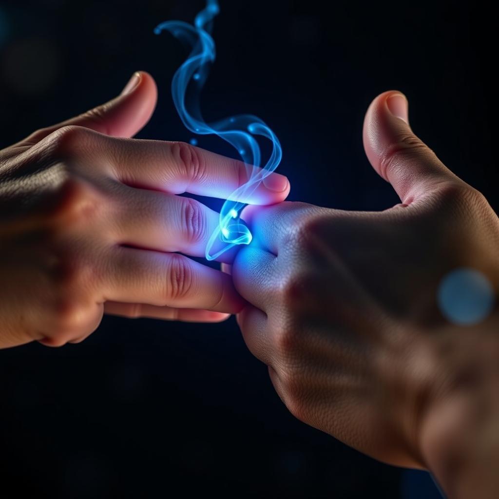 A captivating close-up image of two hands gently touching, creating an electric blue light at the point of contact