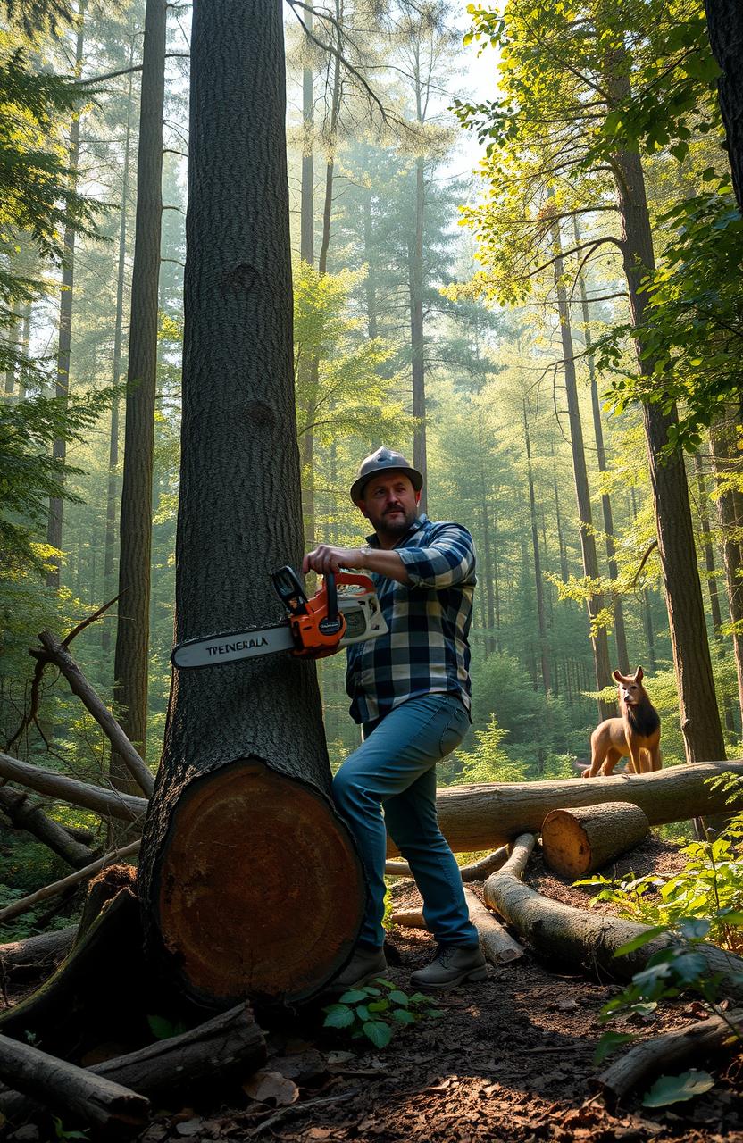 A scene depicting a lumberjack in a dense forest, cutting down a large tree with a chainsaw
