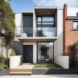 A chic two-storey house, void of a balcony, with four evenly sized windows neatly aligned on the first floor and a simplistic flat terrace.