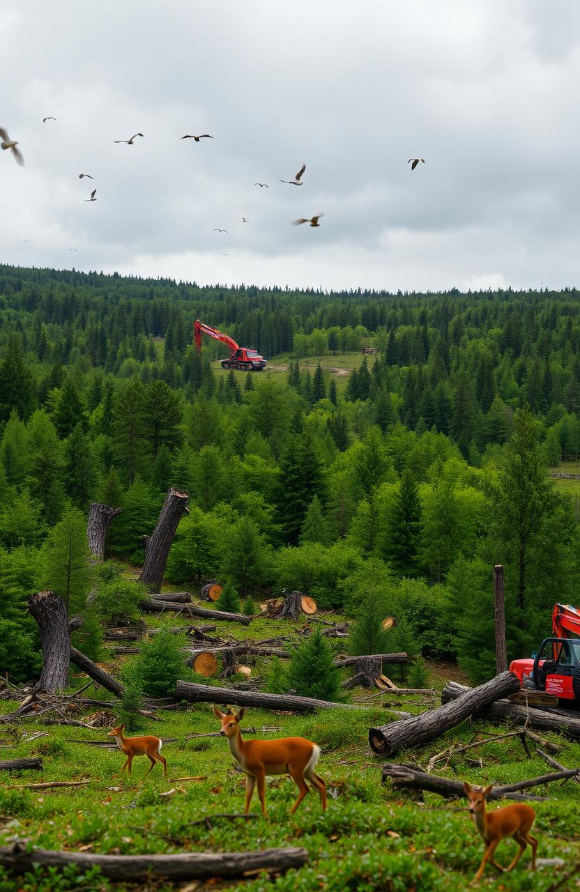 A dramatic landscape depicting deforestation, showcasing vast areas of lush green forest being cut down
