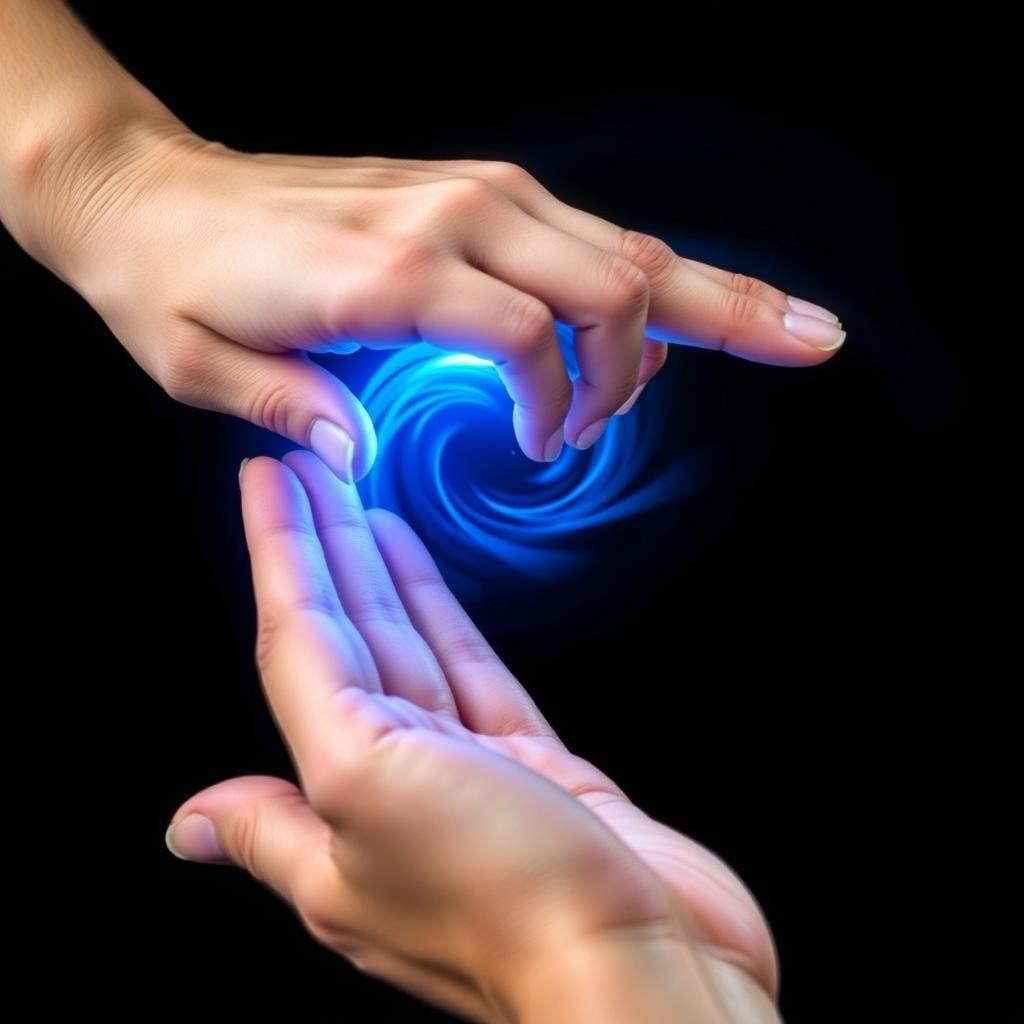 A mesmerizing image featuring two hands positioned to touch, one above the other, creating a radiant blue light at the point of contact