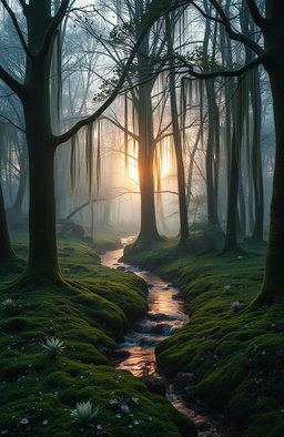 A serene and mystical forest with trees that appear to be weeping, their trunks dripping with luminescent dew