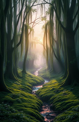 A serene and mystical forest with trees that appear to be weeping, their trunks dripping with luminescent dew