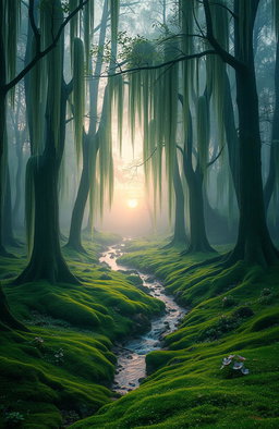 A serene and mystical forest with trees that appear to be weeping, their trunks dripping with luminescent dew
