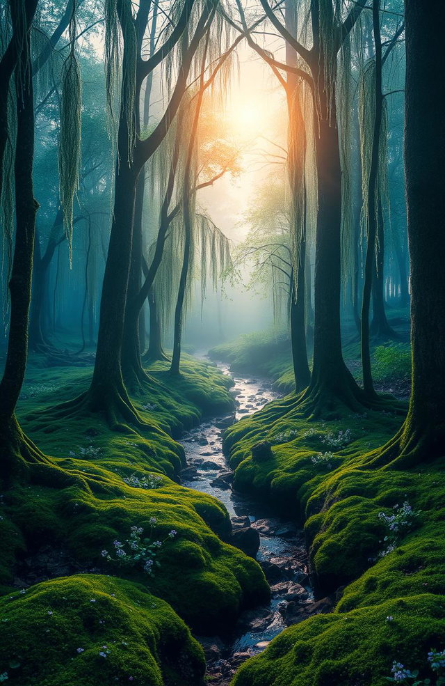 A serene and mystical forest with trees that appear to be weeping, their trunks dripping with luminescent dew