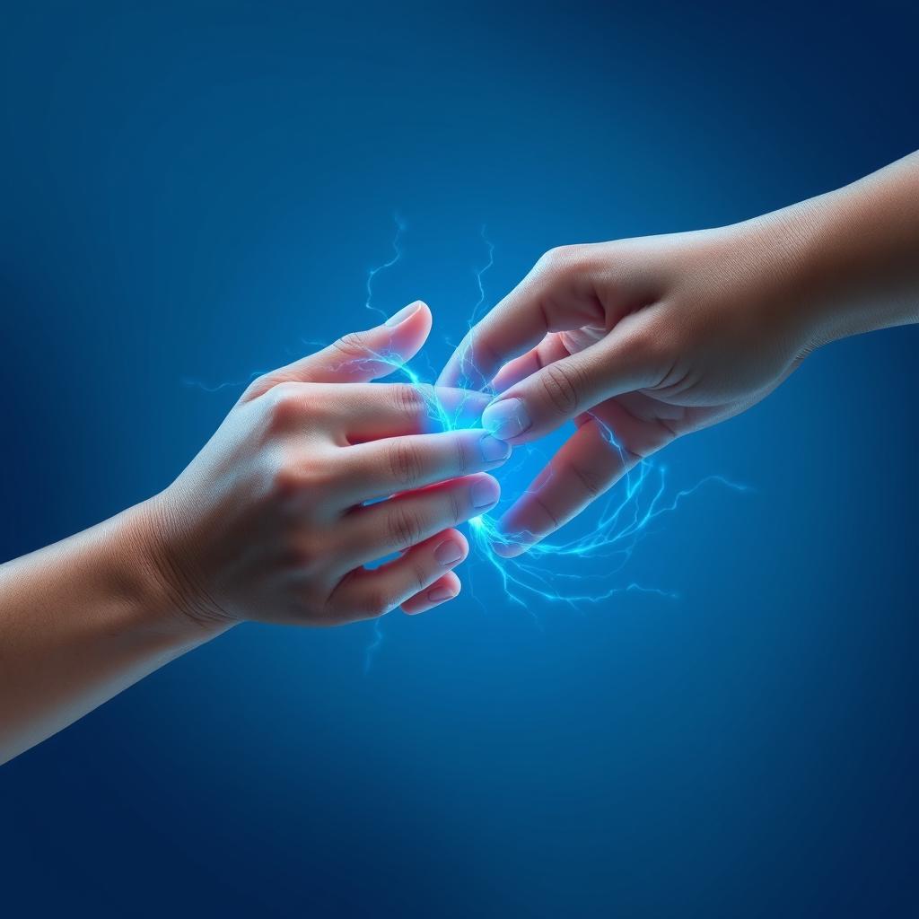 Two hands gently touching, with a visual representation of blue energy or power radiating between them