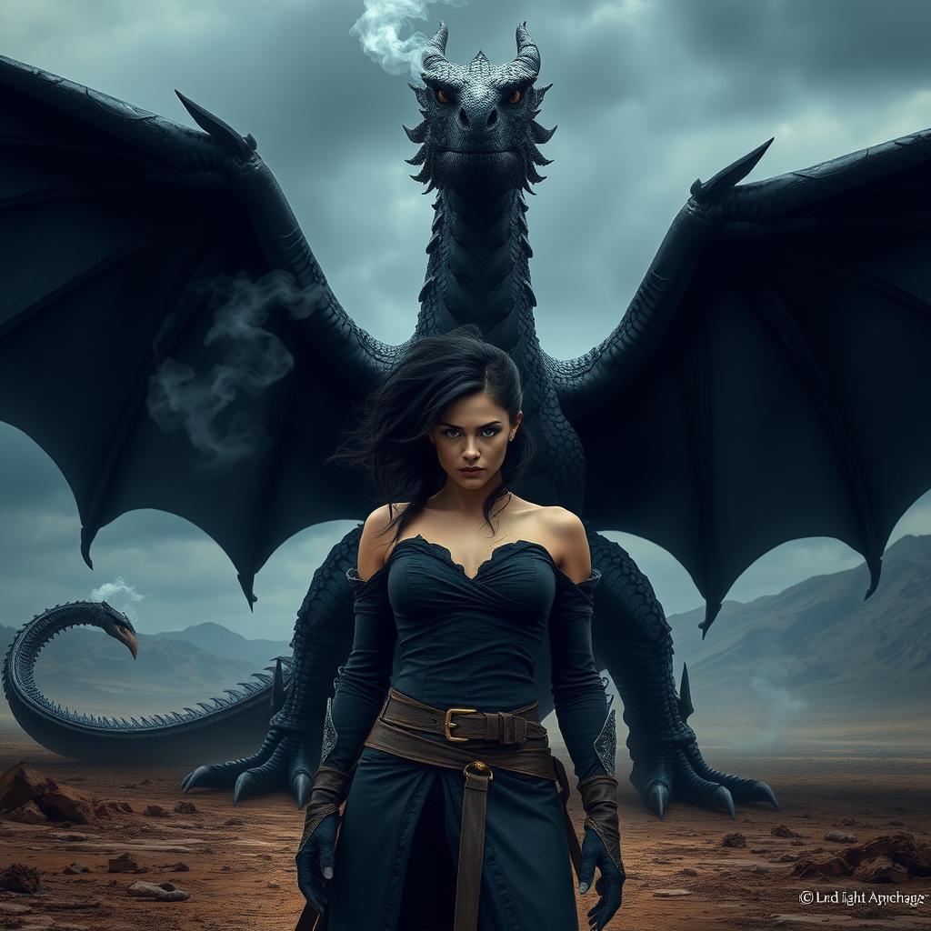 A captivating scene from a post-apocalyptic fantasy novel featuring a fierce woman with dark hair styled in wild, untamed locks and striking blue-green eyes