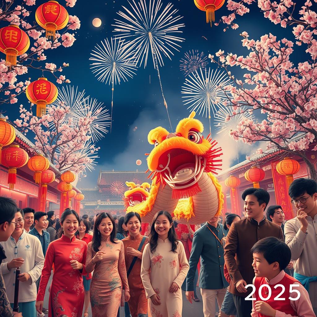 A vibrant and colorful Chinese New Year celebration in 2025