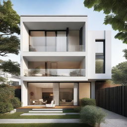 A chic two-storey house, void of a balcony, with four evenly sized windows neatly aligned on the first floor and a simplistic flat terrace.