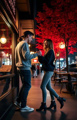 The shadow of a stylish young man, resembling Booboo Stewart, with a back ponytail, casually dressed in a cozy sweatshirt, jeans, and sneakers