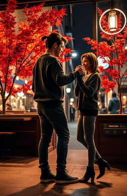 The shadow of a stylish young man, resembling Booboo Stewart, with a back ponytail, casually dressed in a cozy sweatshirt, jeans, and sneakers