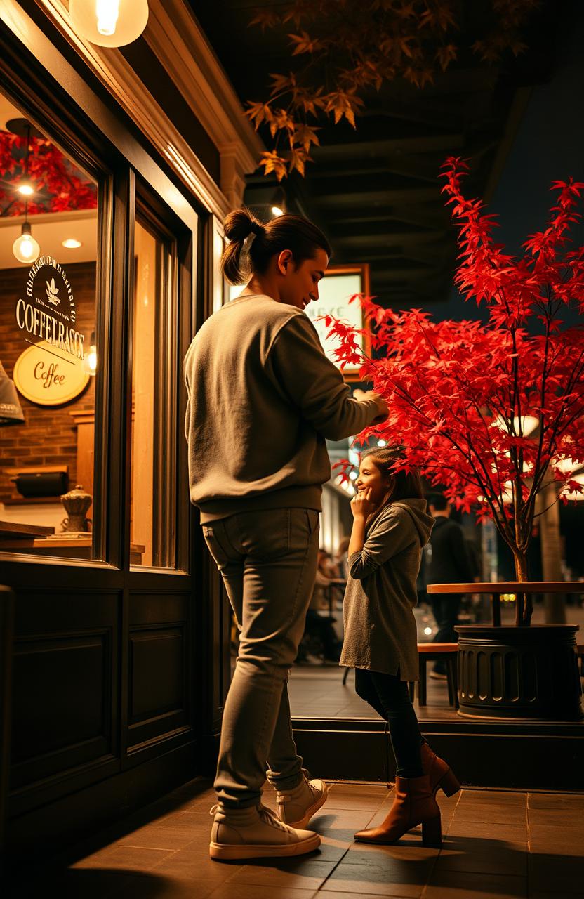 The shadow of a stylish young man, resembling Booboo Stewart, with a back ponytail, casually dressed in a cozy sweatshirt, jeans, and sneakers