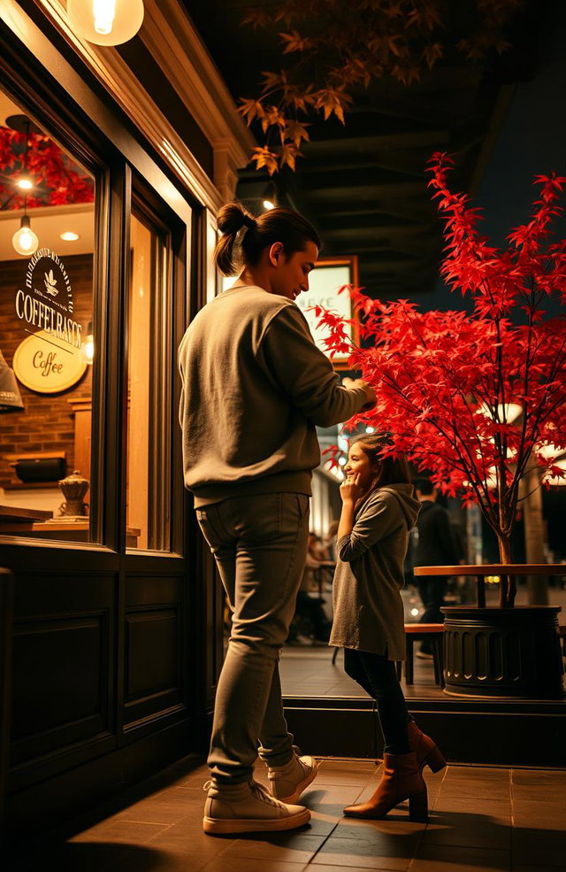 The shadow of a stylish young man, resembling Booboo Stewart, with a back ponytail, casually dressed in a cozy sweatshirt, jeans, and sneakers