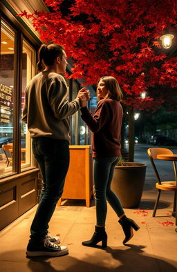 The shadow of a stylish young man, resembling Booboo Stewart, with a back ponytail, casually dressed in a cozy sweatshirt, jeans, and sneakers