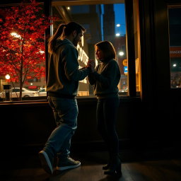 The shadow of a man with a back ponytail, casually dressed in a cozy sweatshirt, jeans, and sneakers, joyfully dancing with a petite girl who has short shoulder-length hair