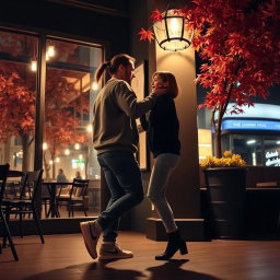 The shadow of a man with a back ponytail, casually dressed in a cozy sweatshirt, jeans, and sneakers, joyfully dancing with a petite girl who has short shoulder-length hair