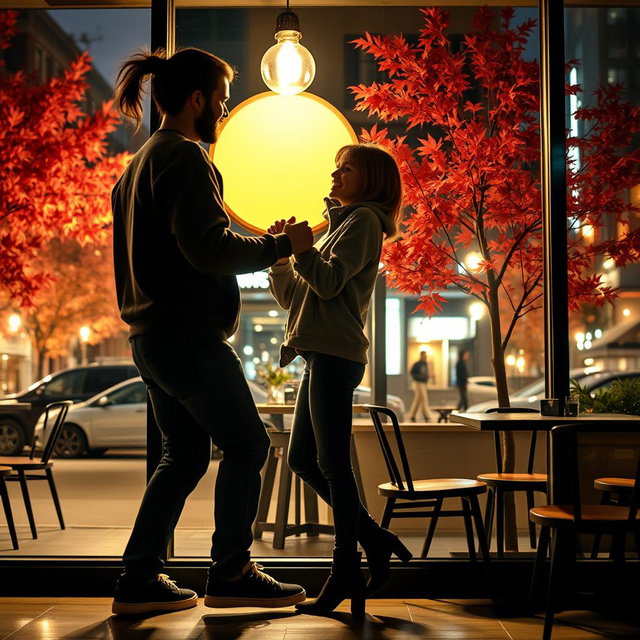 The shadow of a man with a back ponytail, casually dressed in a cozy sweatshirt, jeans, and sneakers, joyfully dancing with a petite girl who has short shoulder-length hair