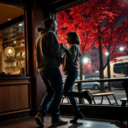 The shadow of a man with a back ponytail, casually dressed in a cozy sweatshirt, jeans, and sneakers, joyfully dancing with a petite girl who has short shoulder-length hair