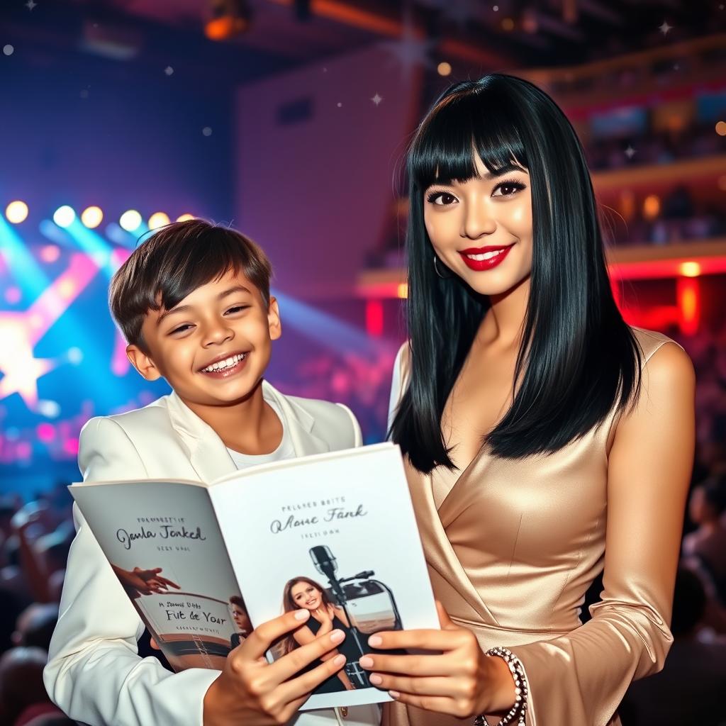 A confident and charming female singer with straight black hair down to her shoulders and bangs, dressed in an elegant and modern outfit