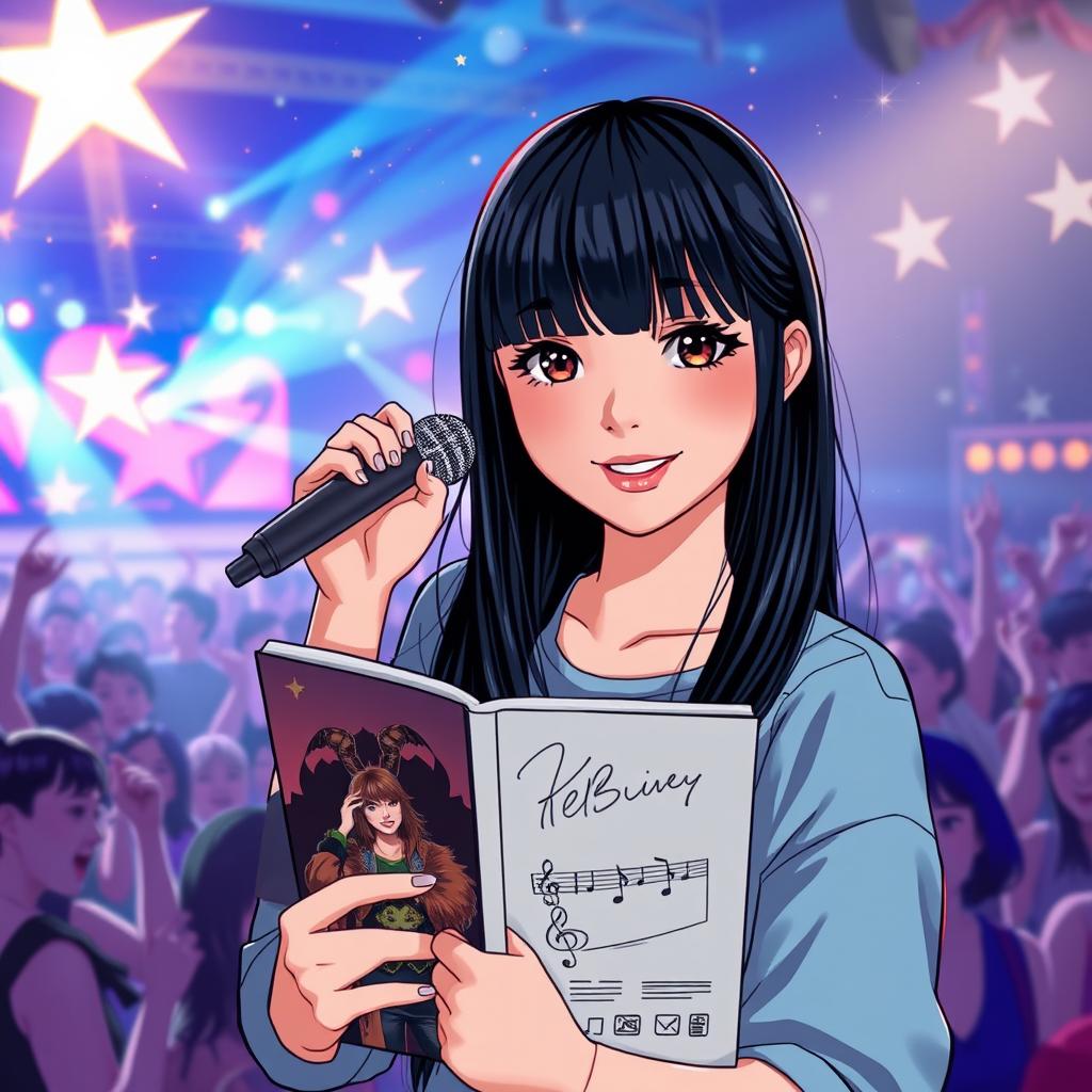 A confident and charming teenage singer with straight black hair that falls to her shoulders and bangs, performing on stage