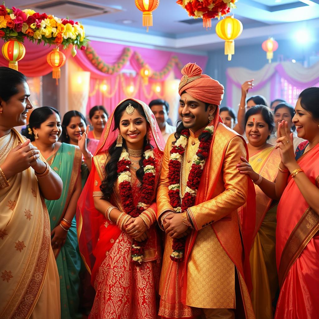 A heartwarming scene of a traditional Indian wedding, focusing on the joyous celebration of a daughter's wedding