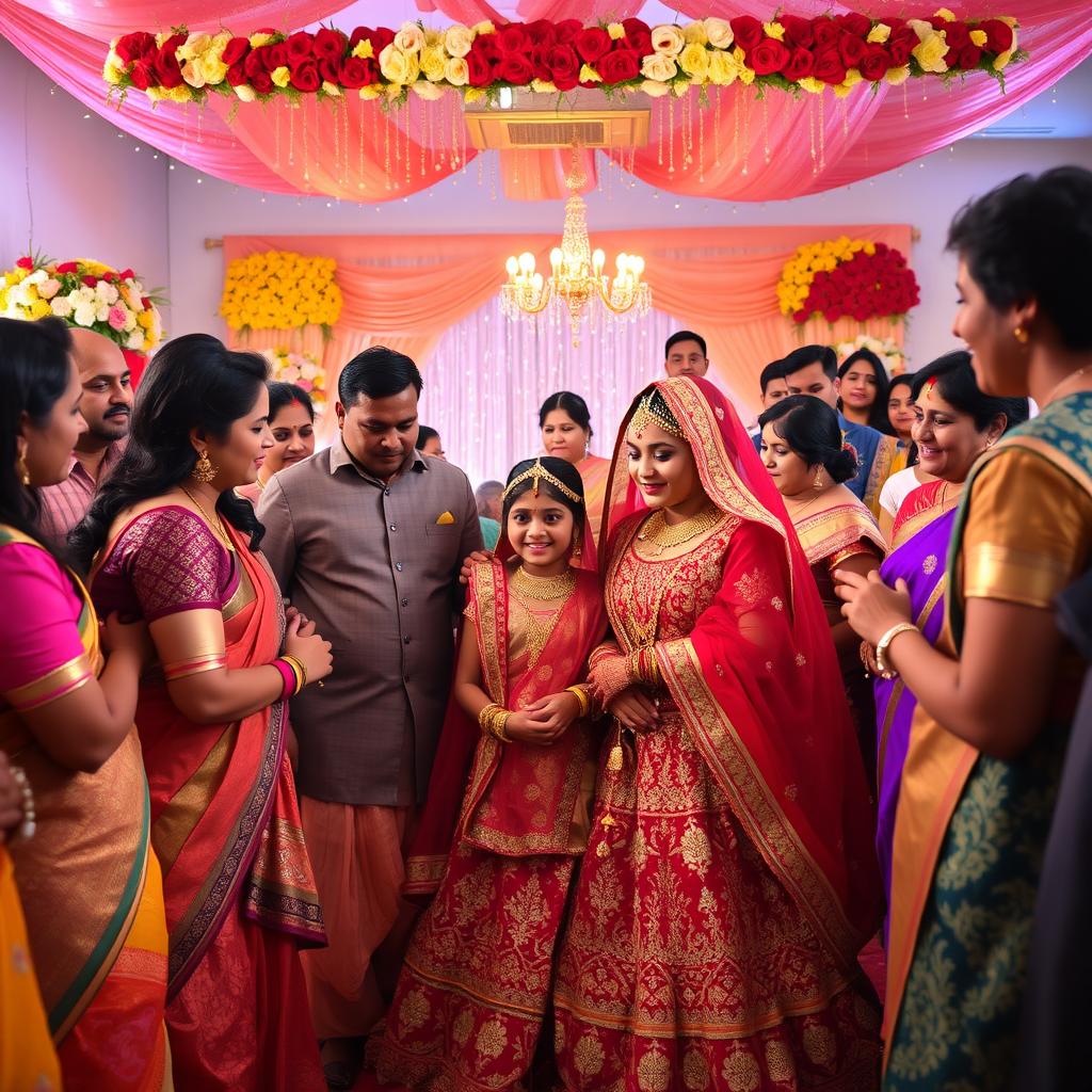 A heartwarming Indian wedding scene featuring a daughter, dressed in an exquisite traditional bridal outfit, celebrating her wedding day