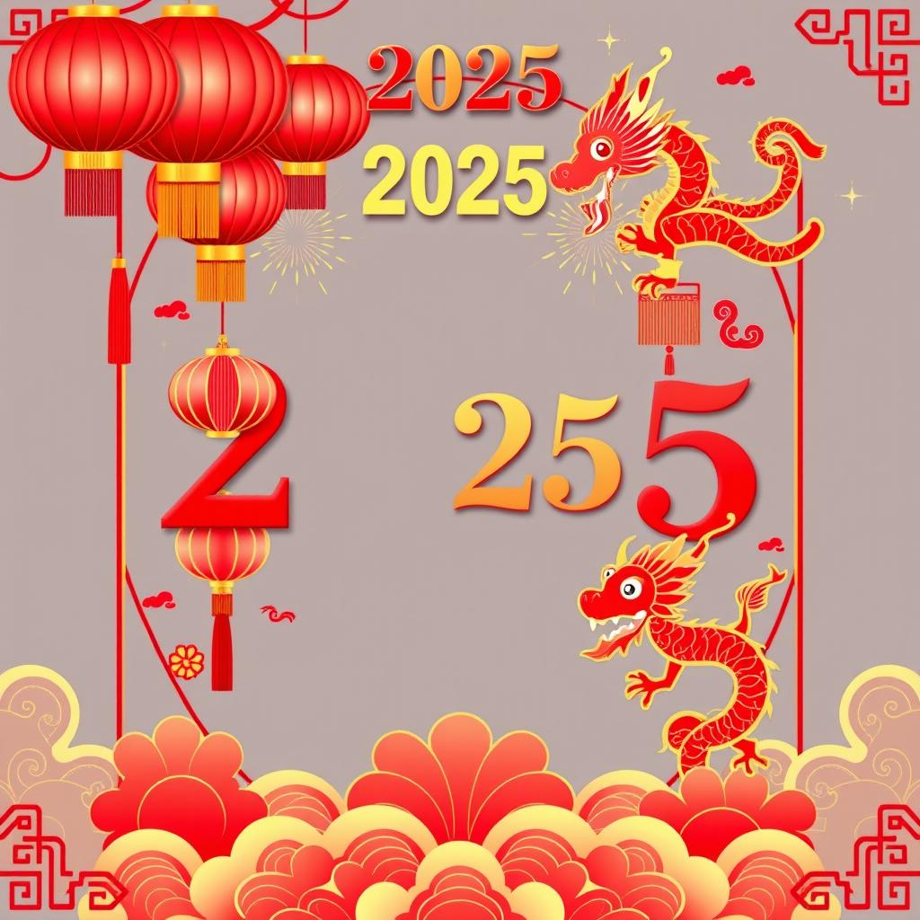 A vibrant and festive Chinese New Year poster for the year 2025, featuring traditional elements such as red lanterns, dragon motifs, and stylized fireworks