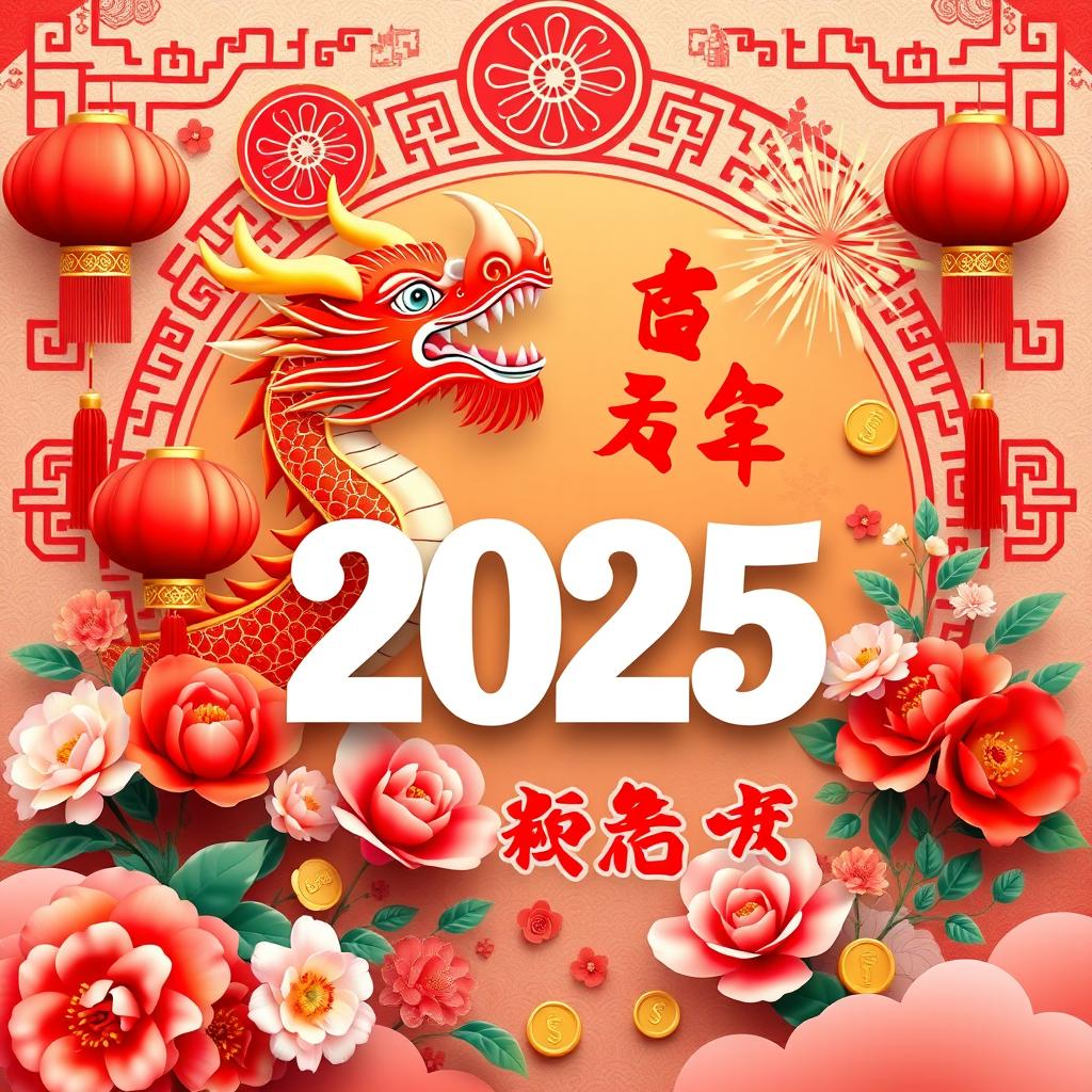 A colorful and festive Chinese New Year poster for the year 2025, showcasing traditional symbols such as a majestic dragon, red lanterns, and golden coins