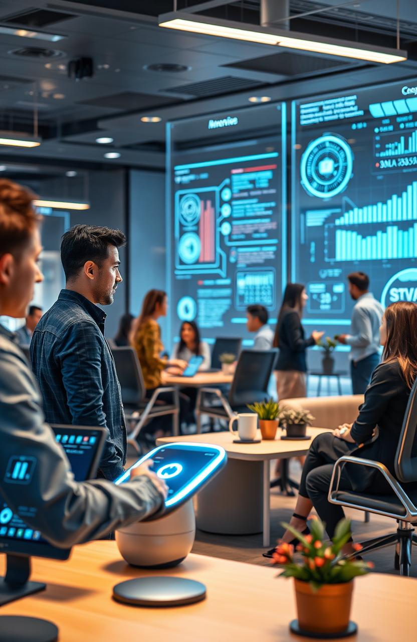 A futuristic office environment in 2025 showcasing advanced AI chat and voice assistants facilitating business operations