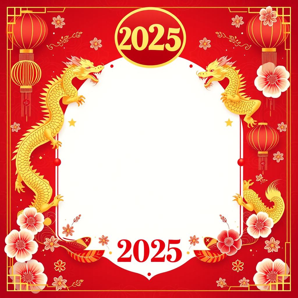 A beautifully designed Chinese New Year poster for 2025, featuring traditional symbols such as golden dragons, vibrant red lanterns, and auspicious flowers