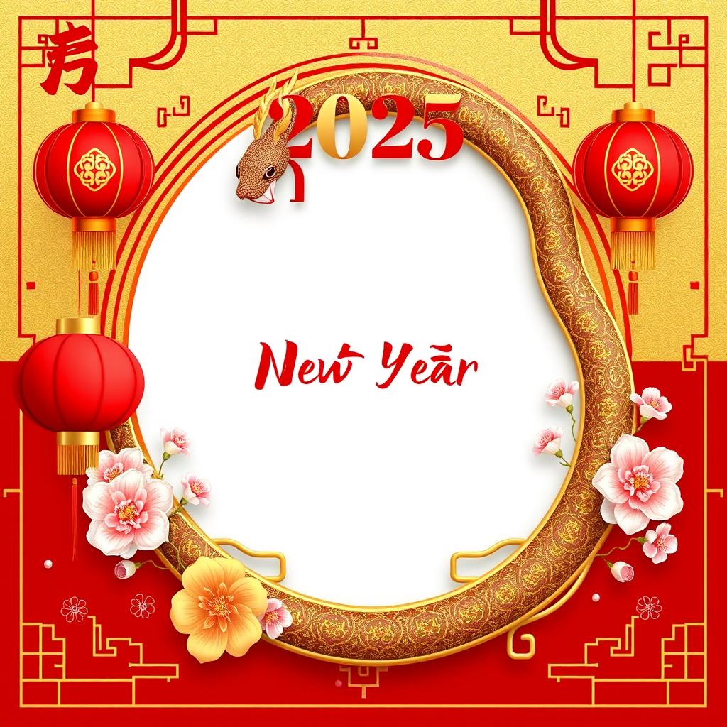A beautifully designed Chinese New Year poster for 2025, featuring the Snake zodiac as the central element
