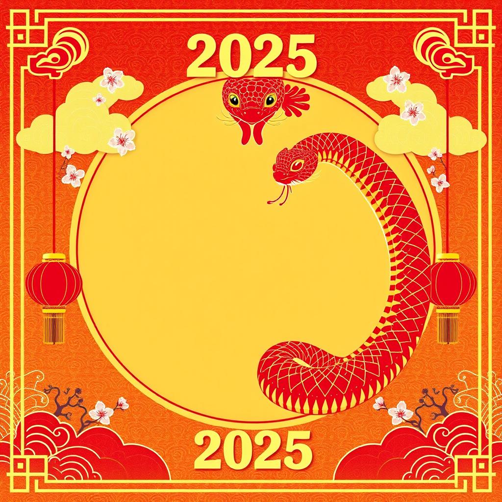 A festive Chinese New Year poster for 2025 featuring the Snake zodiac symbol prominently displayed