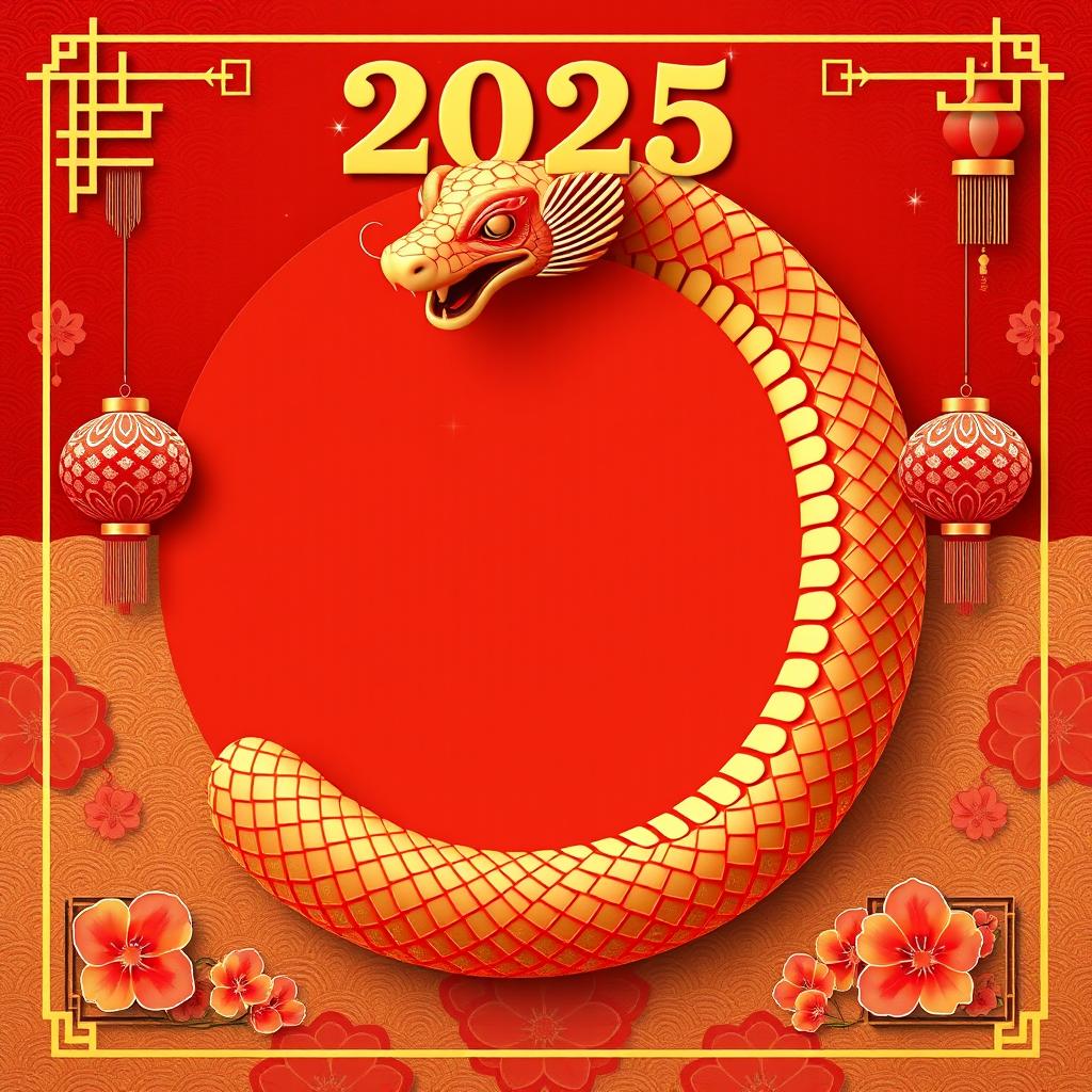 A stunning Chinese New Year poster for 2025 featuring an attractive snake zodiac symbol at the focal point