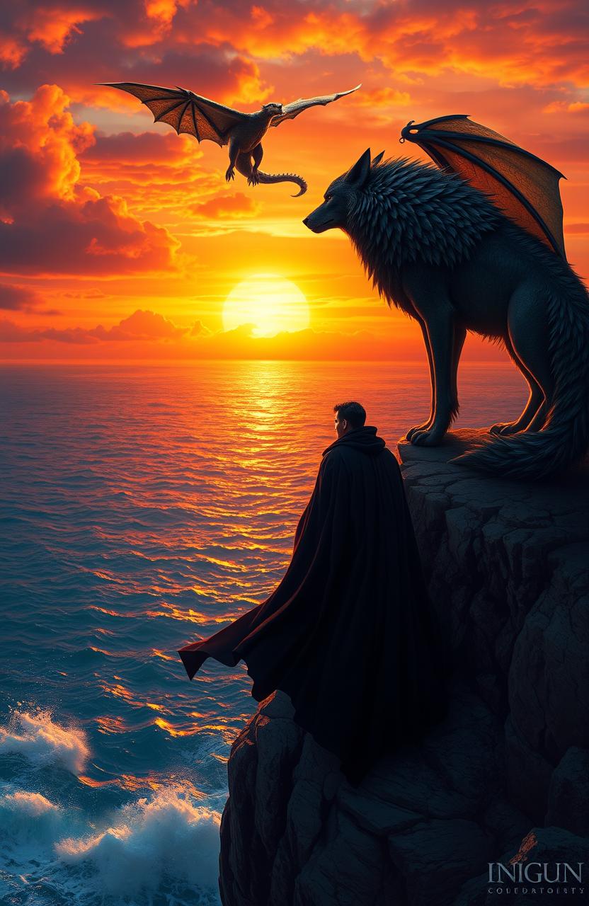 A mysterious man wearing a flowing black cloak stands beside an oversized wolf, both positioned on the edge of a dramatic cliff
