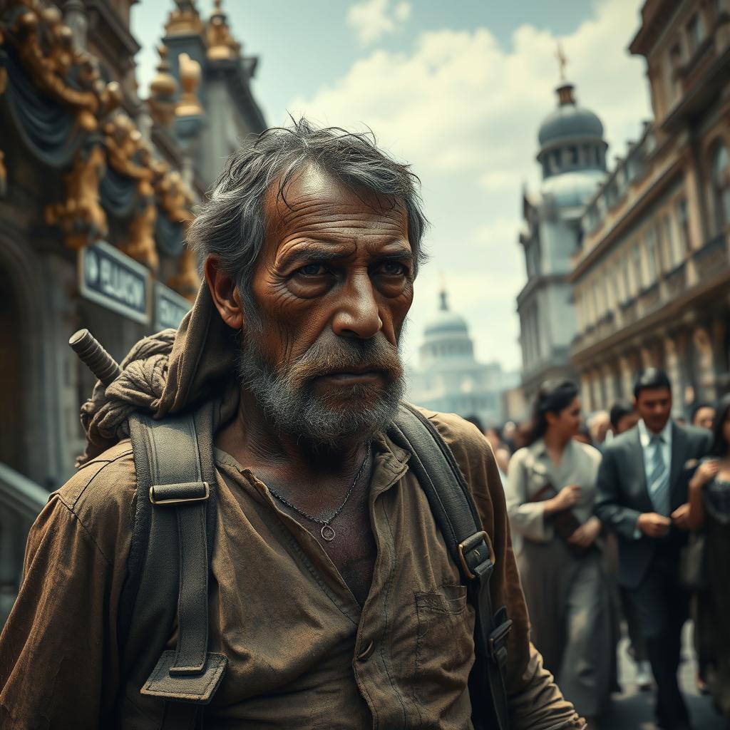 A powerful portrait of a poor laborer wearing a heavy harness that symbolizes a horse, with a worn and exhausted expression on his face