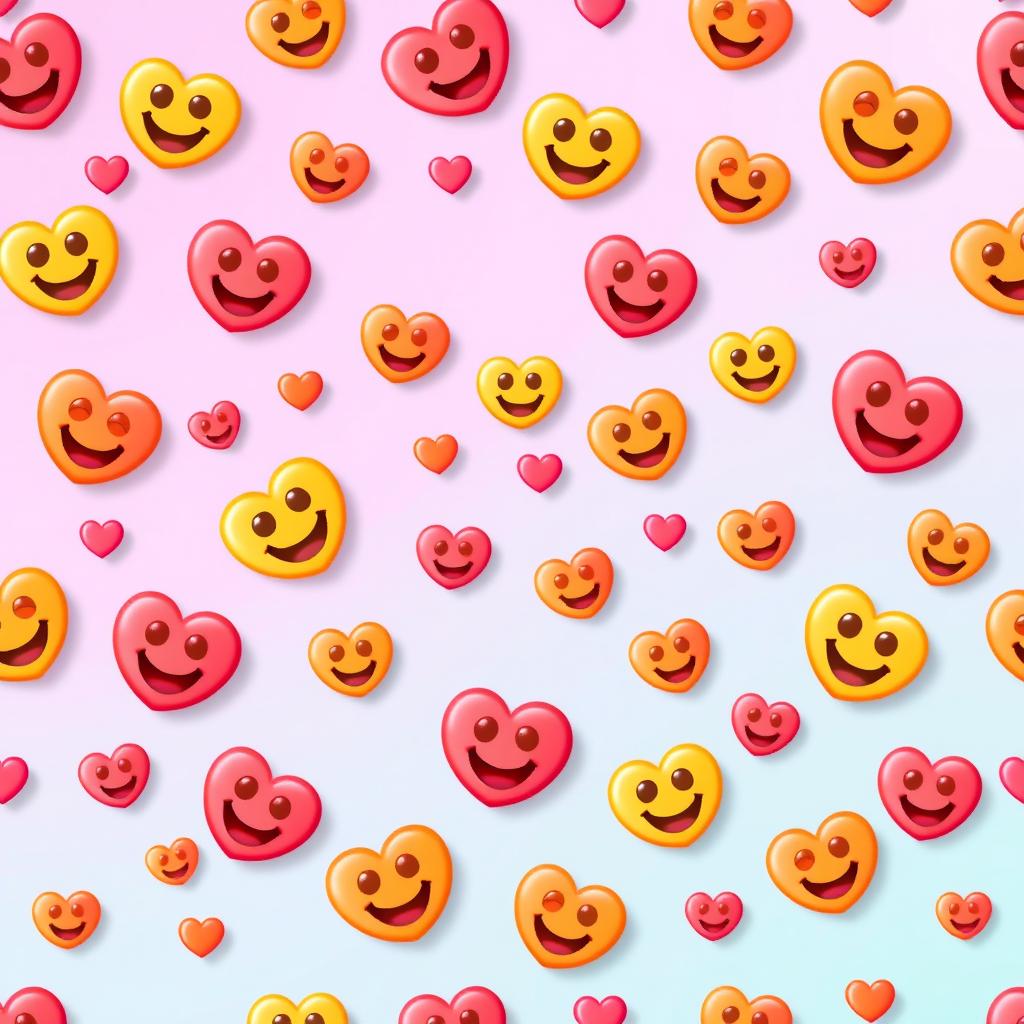 A vibrant and cheerful graphics wallpaper featuring a multitude of heart-shaped smile emojis scattered playfully across a soft gradient background
