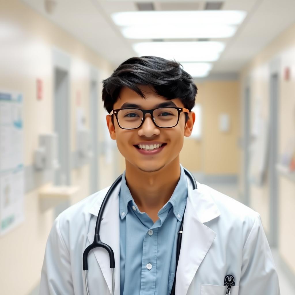A young doctor with short black hair and stylish glasses, wearing a white coat over a light blue shirt, standing confidently in a modern hospital corridor