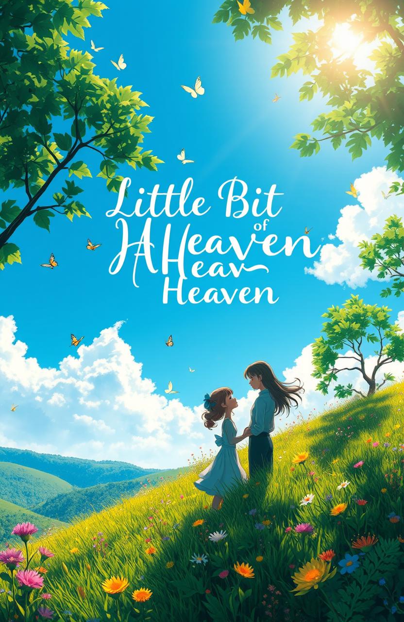 A romantic scene inspired by Studio Ghibli's enchanting style, depicting a serene landscape filled with lush green hills and vibrant wildflowers under a bright blue sky