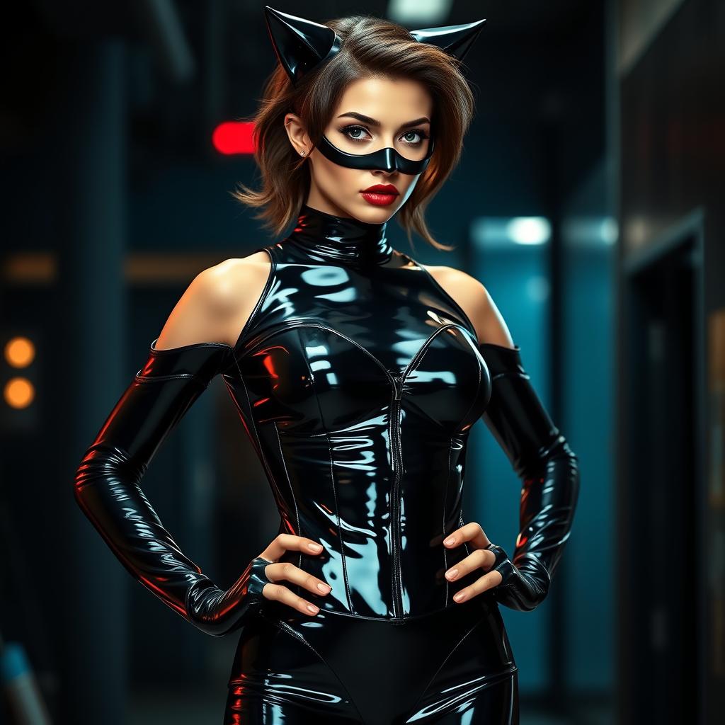 A striking girl dressed in a sleek latex Catwoman outfit that hugs her figure flawlessly