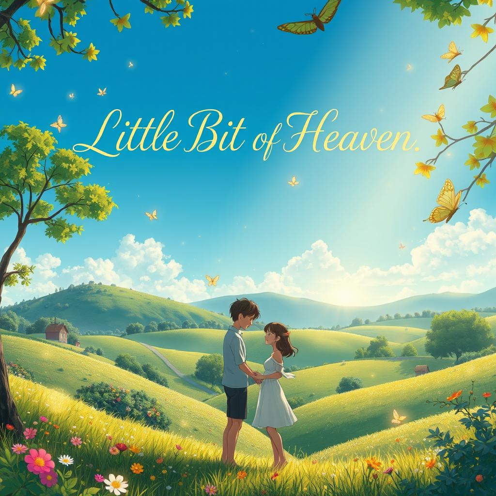 A romantic scene inspired by Studio Ghibli's enchanting style, featuring a picturesque landscape with rolling green hills, lush trees, and vibrant flowers under a clear blue sky